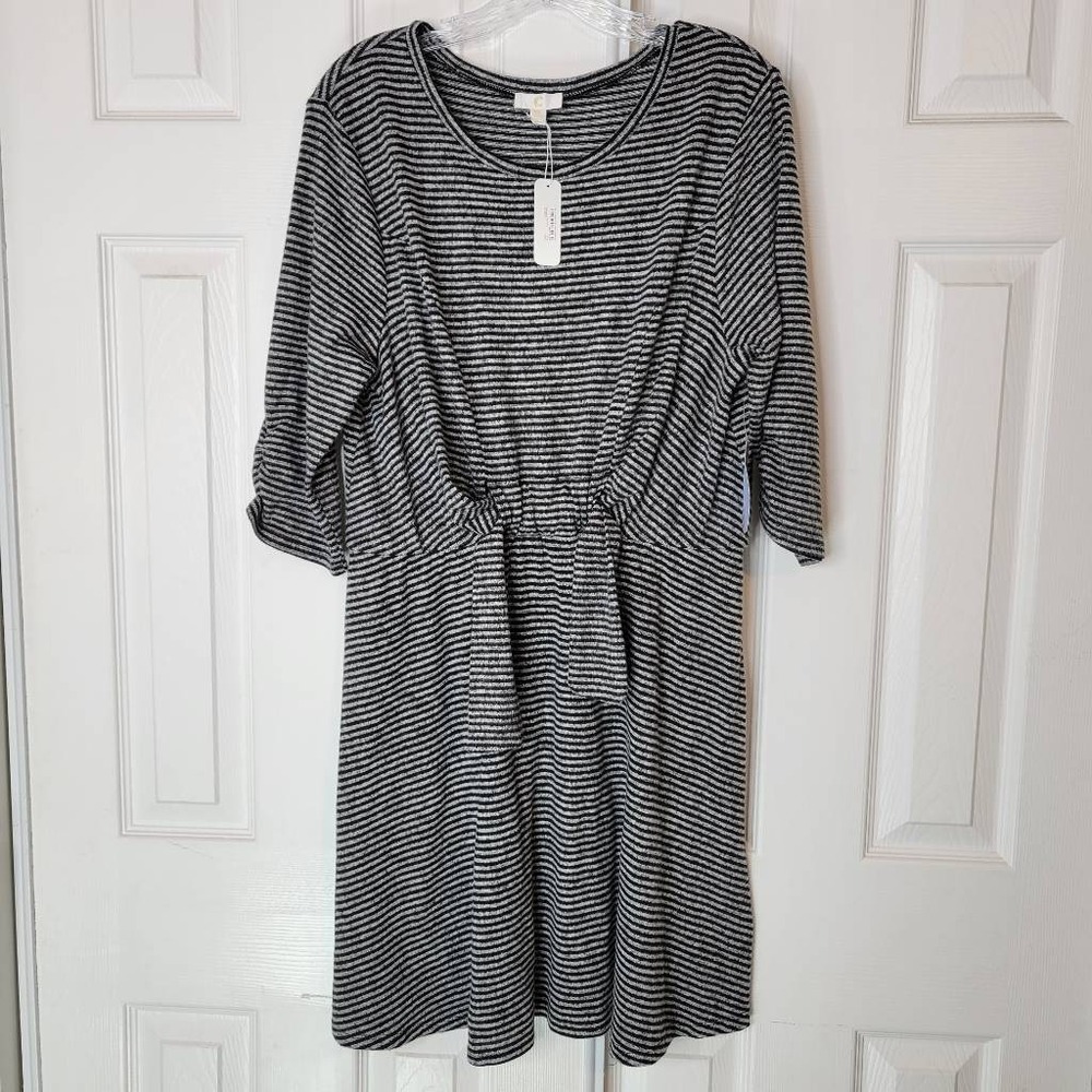 Charming Charlie Dress XL Black Gray Stripe 3/4 Sleeve Cinch Waist NEW